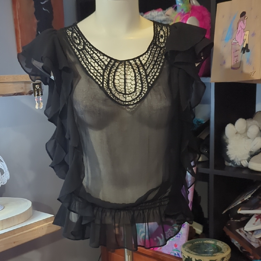 2B Bebe Black Sheer Ruffle Blouse